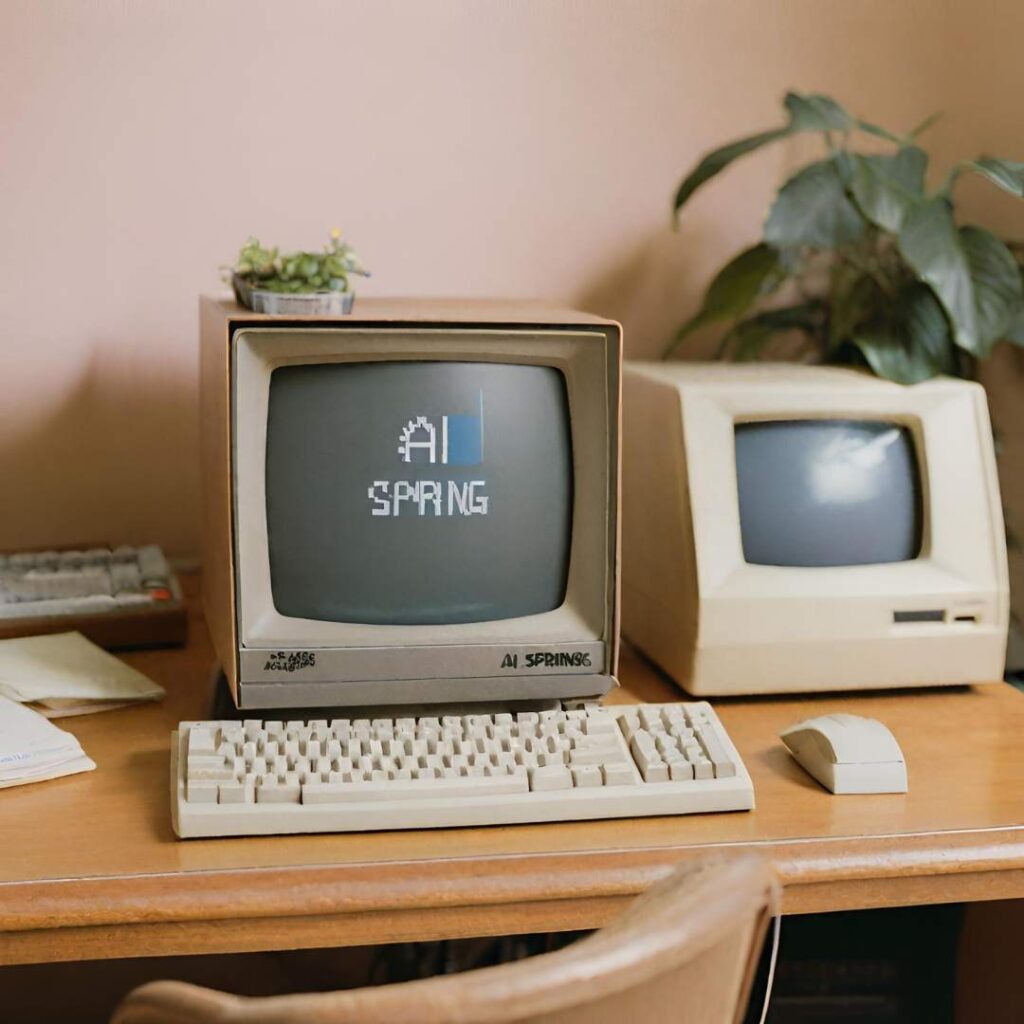 A 1980s desk with a computer on it with the words 'AI Spring' on the screen.